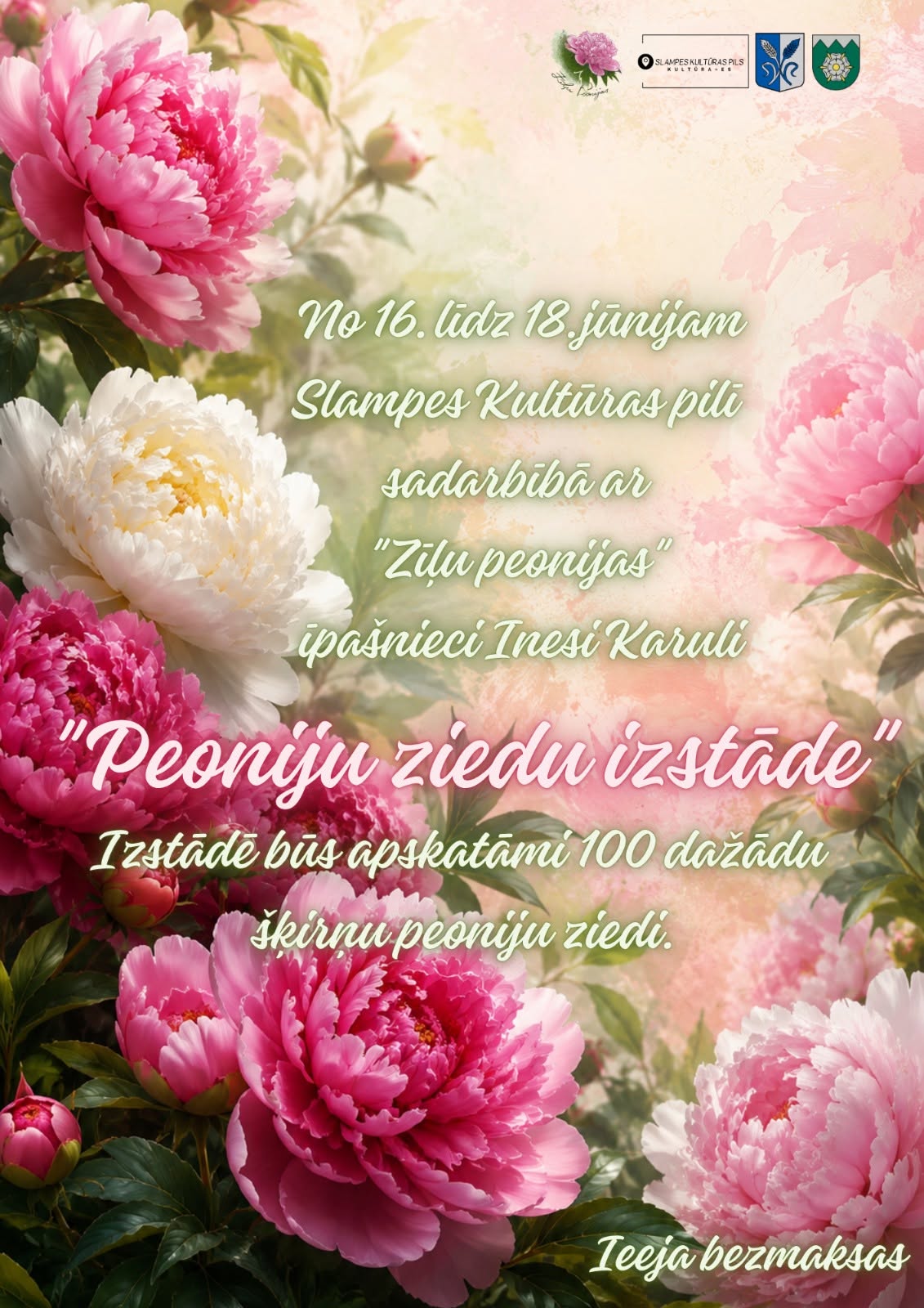 Afiša ar peoniju ziediem un pasākuma informācija uz tās